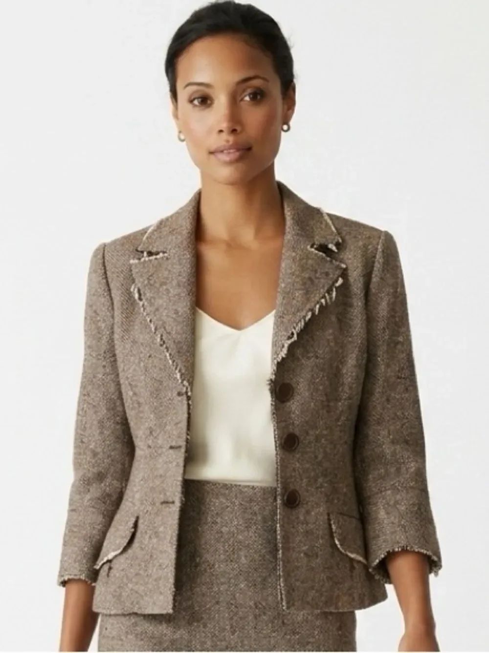 TRINA TURK | Raw Edge 3-Button Tweed Brown & Tan Blazer Women’s Size 2
